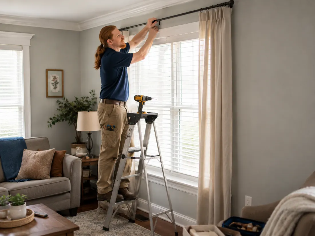 Rusty installing a curtain rod above a window