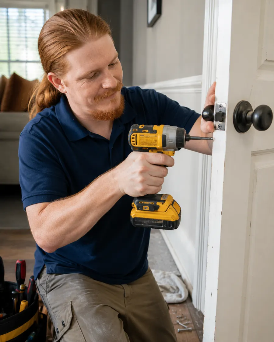 Rusty repairing a door latch with a drill