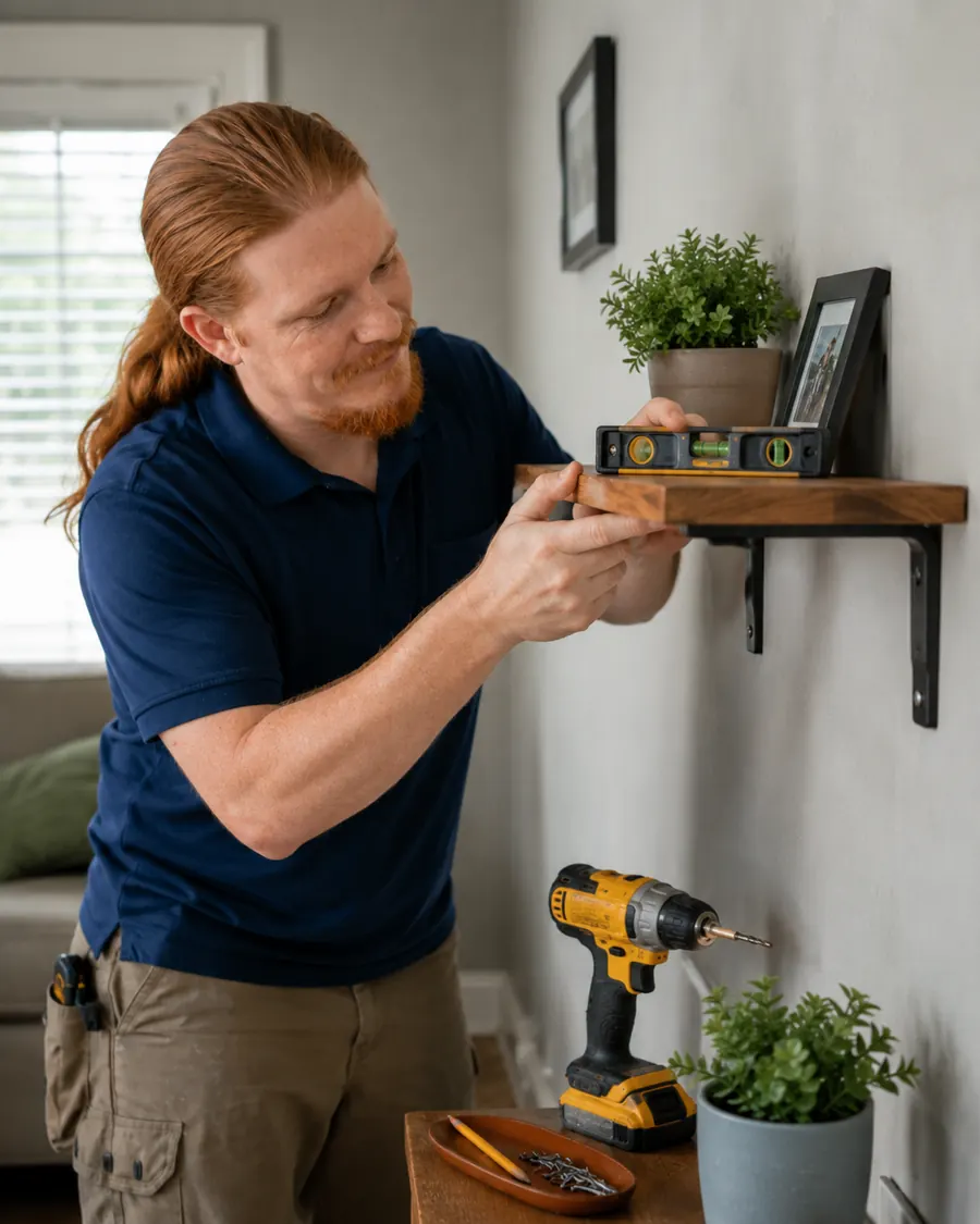 Rusty leveling a wall shelf